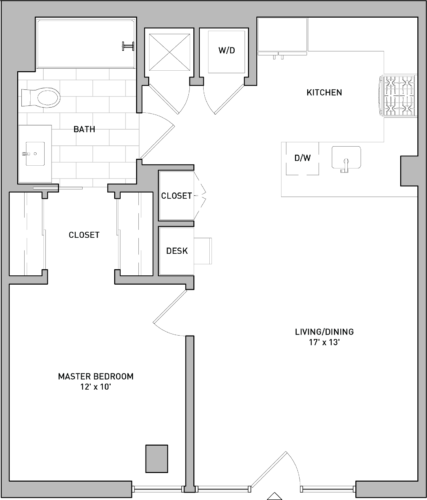Layout of floor plan with one bedroom and one bathroom b1
